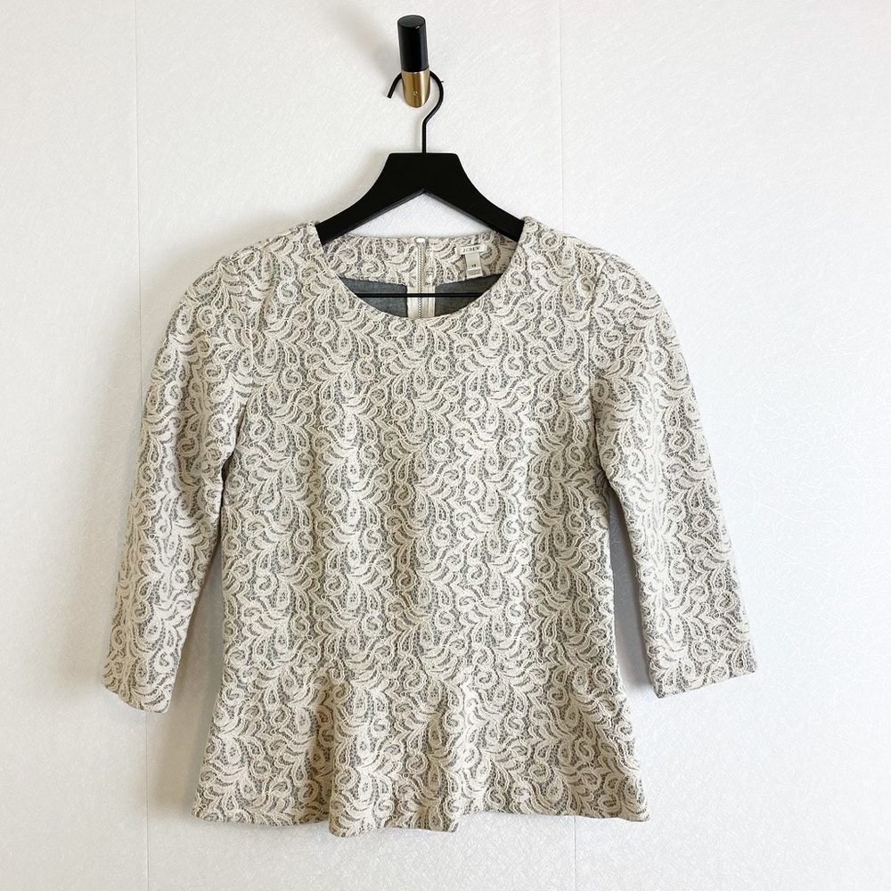 J. Crew Lace Peplum Jersey Cream 3/4 Sleeve Round Neck Ruffle Blouse White XS